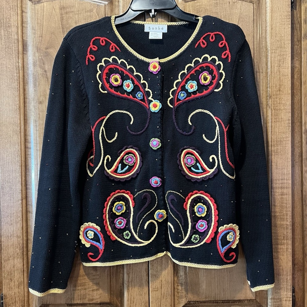 Vintage Sorbe Paisley Embroidered Cardigan Sweater Women's Small Black Red Read
